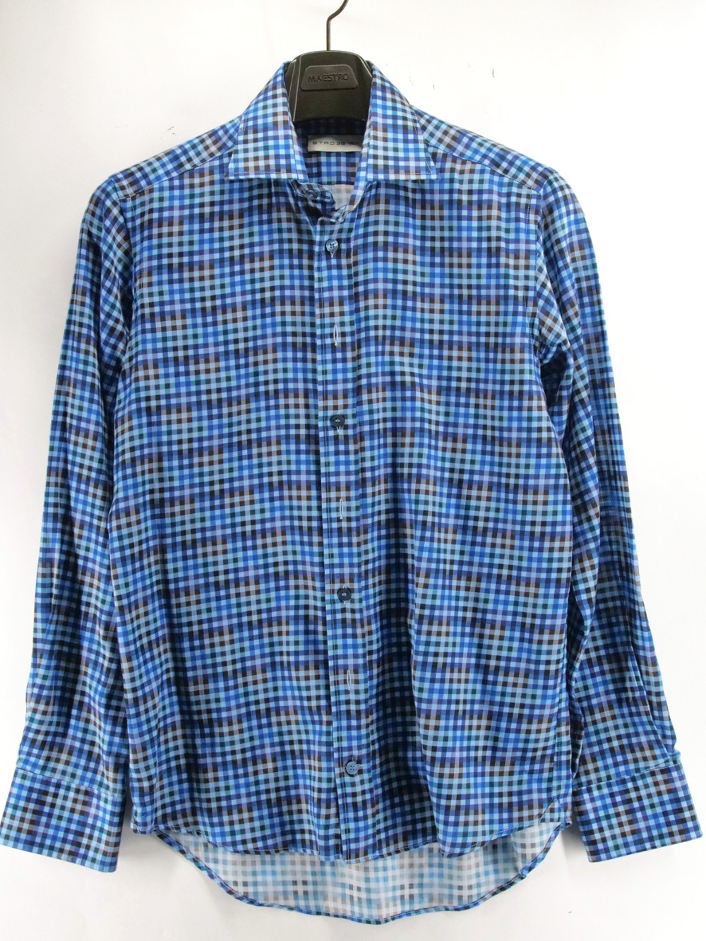 ETRO Shirt Mens 38 Blue Plaid Button Up Long Sleeve Collared Made in Italy